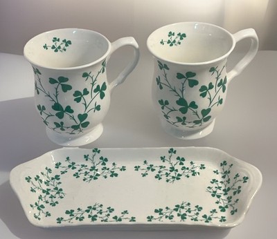 St George Fine Bone China 2 Tea Cups & Trinket Tray Shamrock Pattern