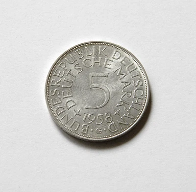 BRD: 5 DM 1958 G "SILBERADLER", J. 387, prägefrisch/fast stempelglanz - Bild 1 von 2