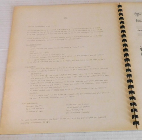 1973 BASS TROMBONE, BASS CLARINET, HARP by WILLIAM HIBBARD; Center for New Music - Picture 4 of 6