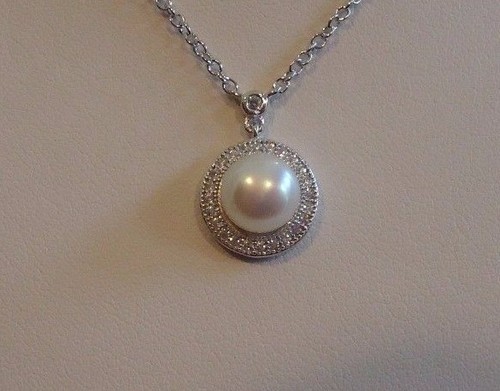 925 STERLING SILVER NECKLACE PENDANT 6.5MM WHITE PEARL & .50ct SIMULATED DIAMOND - Picture 5 of 5