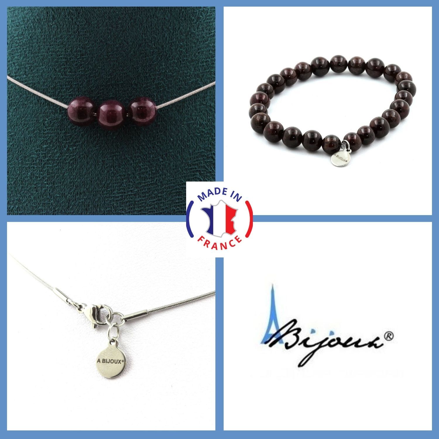 Parure 3 perles grenat collier bracelet en acier le cadeau d'anniversaire idéal