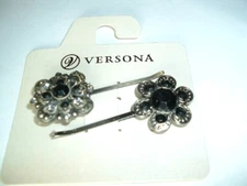 2 Black White Rhinestone Floral Versona 2.5" Bobby Pins NWT