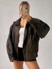 Vintage 90s Black Leather Jacket Women  s Oversized Bomber Straight Coat Large L