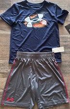 NWT Under Armour Little Boys 5 Navy Blue/Gray/White FIERY BASEBALL Shorts Set