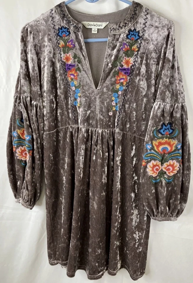 Top túnica bordada de terciopelo aplastado boho de la década de 1970 Davi & Dani para mujer talla S Mocha nuevo Foto 2 de 4