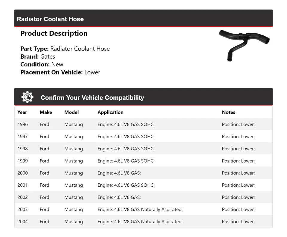 For 1996-2004 Ford Mustang Radiator Coolant Hose Lower Gates 1997 1998 1999 2000 - Image 2 of 4
