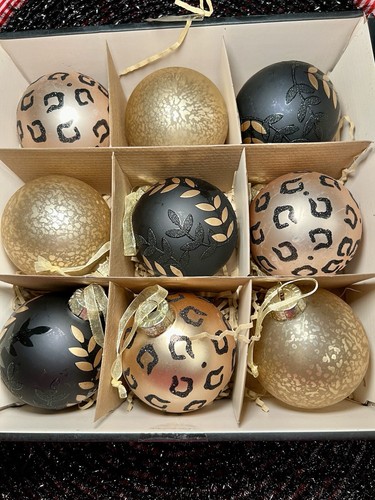 9 NAVIDAD ORO NEGRO ANIMAL PRINT BOLAS VIDRIO ADORNOS HOJAS MODERNAS MATE - Imagen 9 de 11