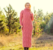 Long pink wool dress cable knit handmade warm thick chunky soft gown SUPERTANYA