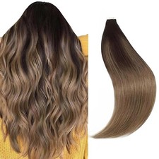 Sixstarhair Tape In Hair Extensions Balayage Color Dark Brown Fading to Chestnut