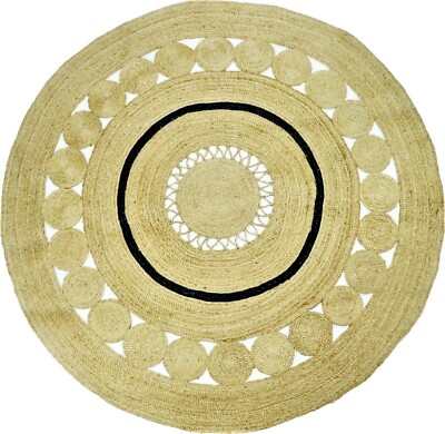 Teppich Rund aus Jute 3 Größen Natur und Blau Geflochtener Boho Bio Whonzimmer