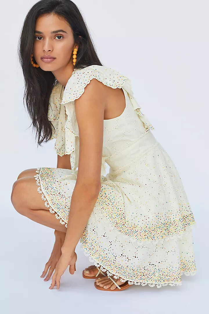 Farm Rio Eyelet Patch Beaded Mini DRESS, OFF-WHITE / M Farm Rio Eyelet Patch Beaded Mini DRESS, OFF-WHITE / M
