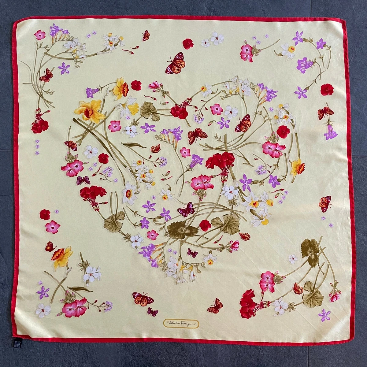 SALVATORE FERRAGAMO silk scarf Heart of flowers w pale yellow background 26