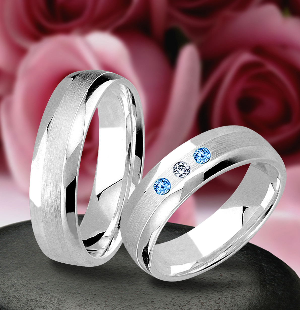 2 Trauringe Silber 925 mit echten Blautopas und echten Diamant & Gravur  J38-3BD