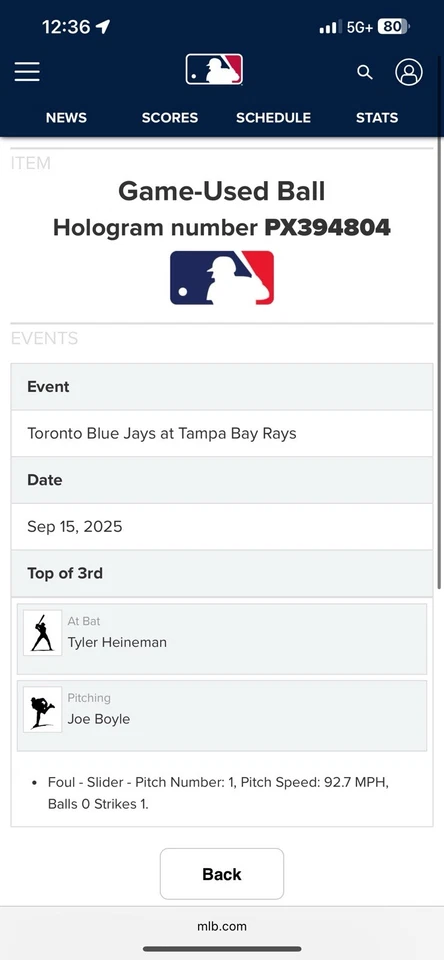 Trey Yesavage Game Used MLB Debut Baseball MLB Hologram Toronto Blue Jays - Image 4 of 4