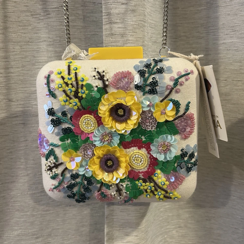 Bolso clutch hecho a mano en la India floral con cuentas caja cuadrada nuevo con etiquetas Foto 3 de 4