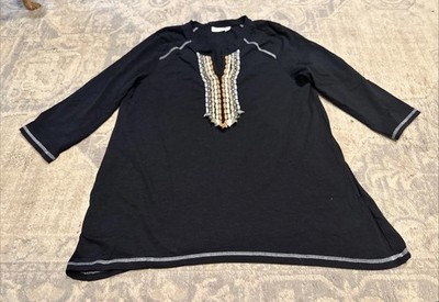 LOGO by Lori Goldstein Womens Sz Medium 3/4 Sleeve Cotton V Neck Shirt Black
