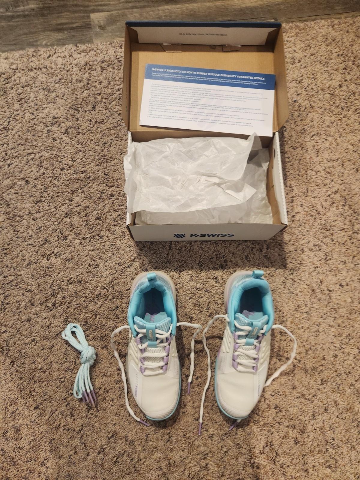 K-Swiss Ultrashot 3 Tennis Pickelball Shoes In BoxWoman Size 7 White Blue Purple