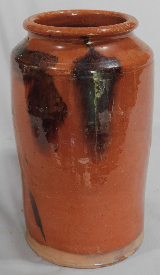 Rare antique redware vase urn glazed manganese splotch  early 19th c. decorated - Image 3 of 4