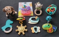 Lot of 10 Baby Toys Rattles, Teethers,  Pacifier Holder - Assorted Brands