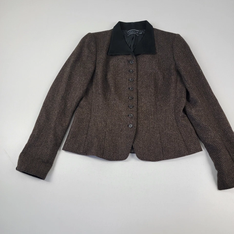 Peruvian Connection Heathcliff 粗花呢羊驼羊毛西装外套麂皮绒装饰女式 10 码 — 第 3/4 张图片