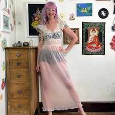Vintage Lace  Chiffon Nightgown, 1960s Sheer Pink Accordion Pleat Nightie XS-S