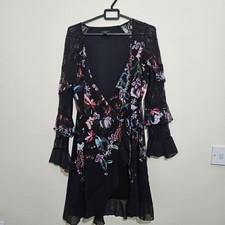 Lipsy London Floral Wrap Dress UK 12 Black Lace Sleeve Panel Ruffle Dress