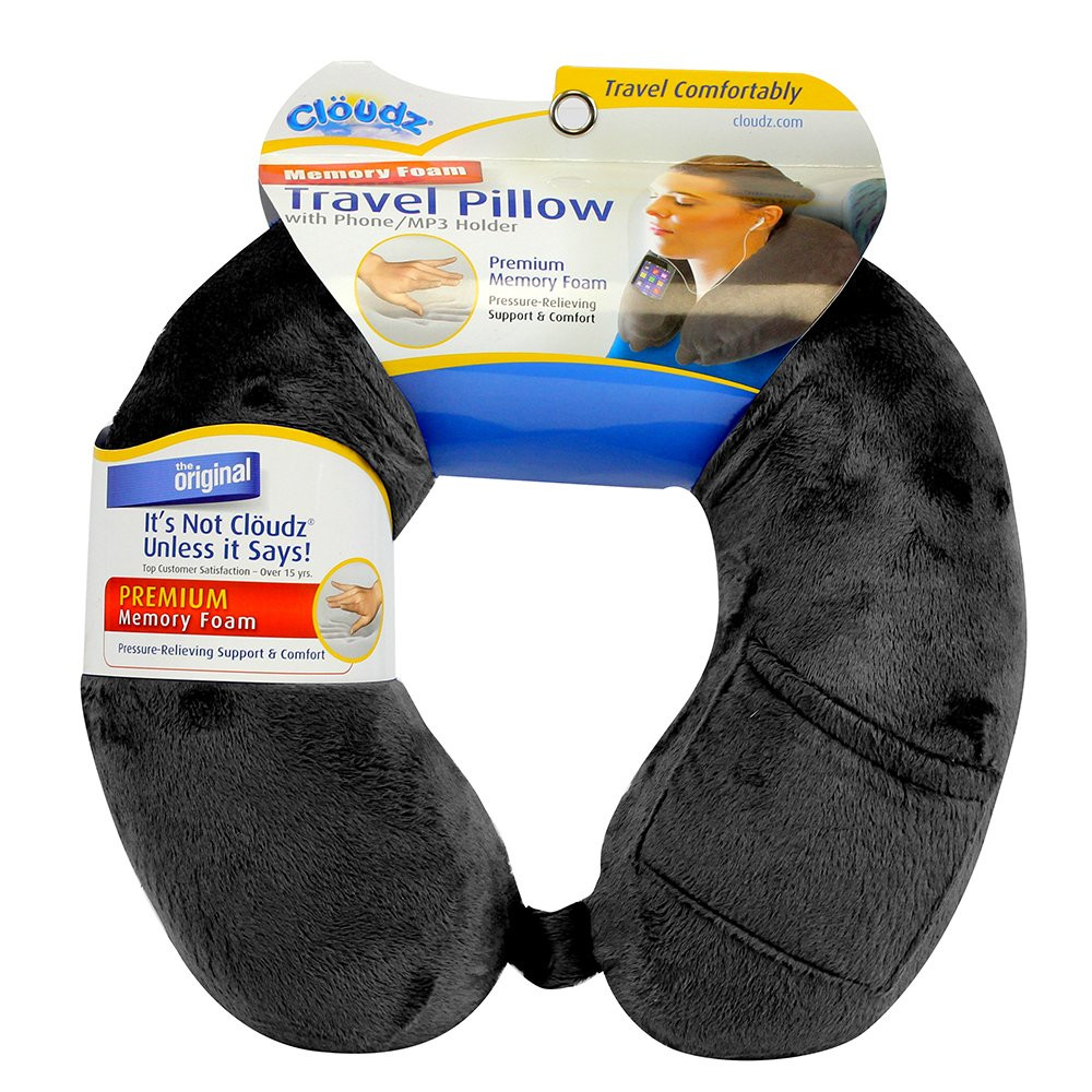 Memory Foam Travel Neck Pillow with Snap Closure and Storage Pocket in Black