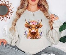 Cute Highland Cow Womens Sweatshirt Pink Flower Crown Animal Lover Gift