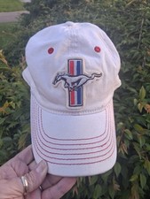 Vintage White Tri-Bar Stripe Racing Ford Mustang Hat Red Stitching Cap