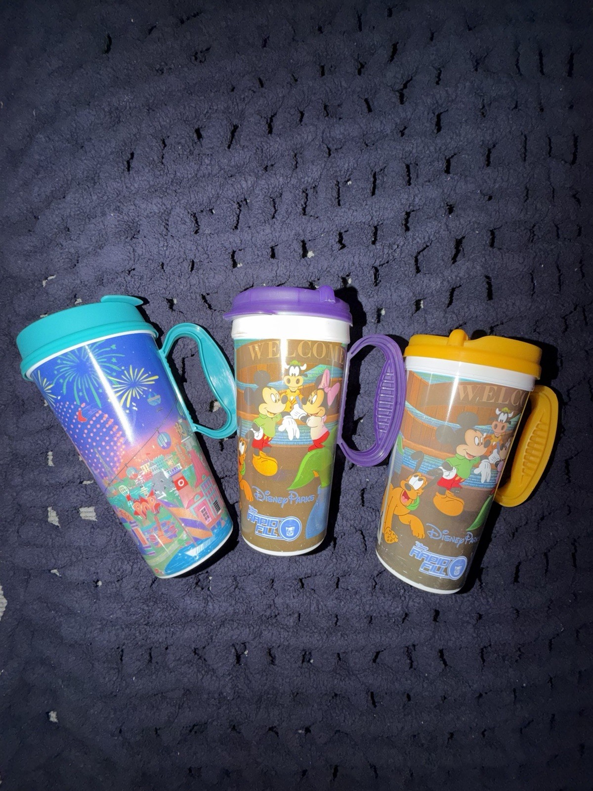 Lot Of 3 Vintage Disney Parks Collectible Plastic Cups With Lids