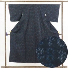 Recycled Tsumugi Silk Kimono Navy Kasuri Unused Women M