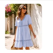 Knox Rose Mini Dress Light Blue Sz M Short Sleeve Crochet Lace Cotton 