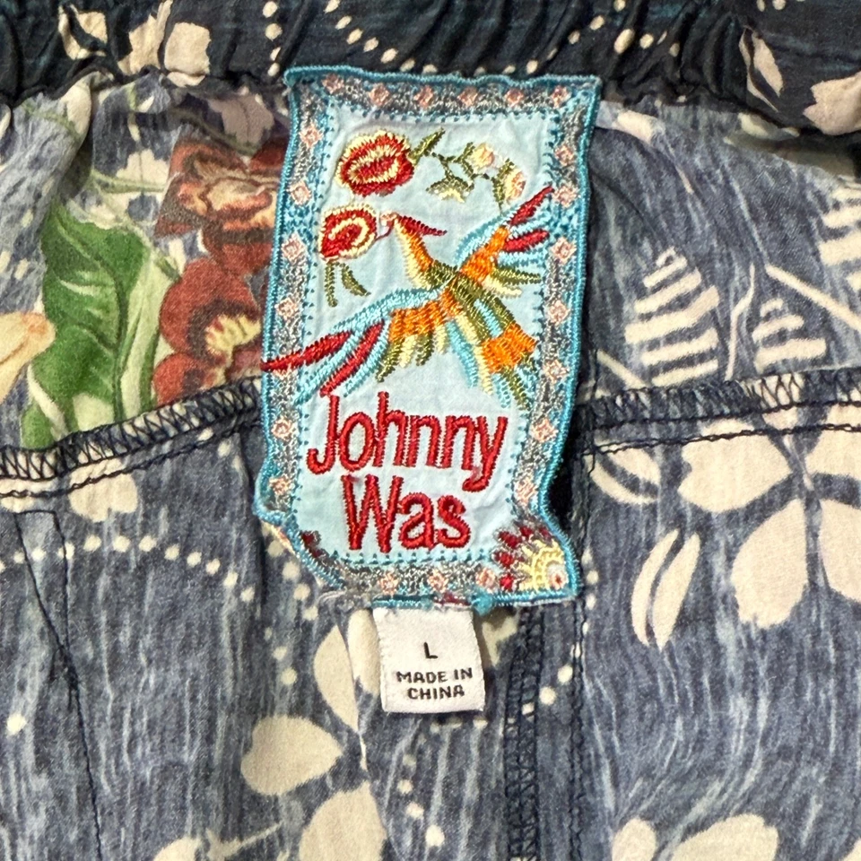Johnny Was 花卉丝绸裤子工装慢跑裤拼布波西米亚女式 L 码艺术 — 第 4/4 张图片