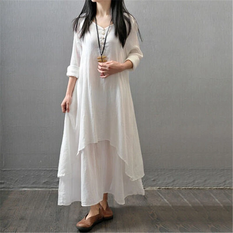 Maxi Dress Dress Cotton Linen Womens Kaftan Boho Casual Tunic Long Sleeve - Image 3 of 4