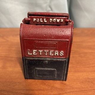 VTG John Wright Mailbox Letters Cast Iron Still Coin Bank Red Blue