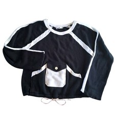 1960s Sweatshirt Triple Knit Black White Contrast Button Kangaroo Pocket Sz M