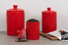 Red Canister Set Food Storage Kitchen Counter Decorative Ceramic Round Container