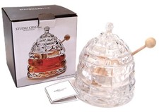 NIB STUDIO HANDCUT CRYSTAL BY GODINGER BEEHIVE HONEY JAR w/ Wooden Dipper