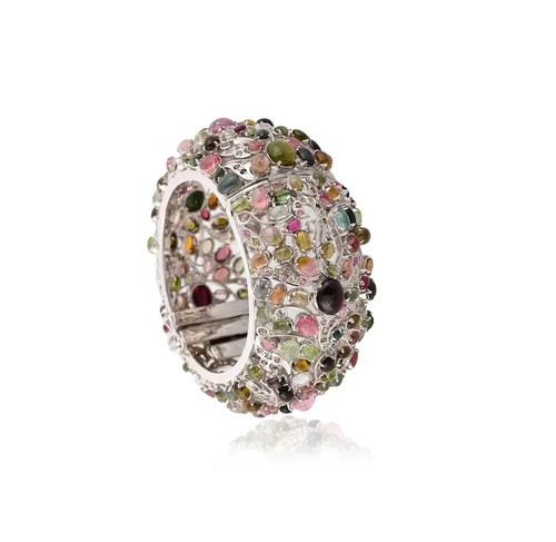 Simulated 98CT Cluster Multi Color Cabochon Openable 935 Silver Bangle Bracelet - Picture 3 of 7