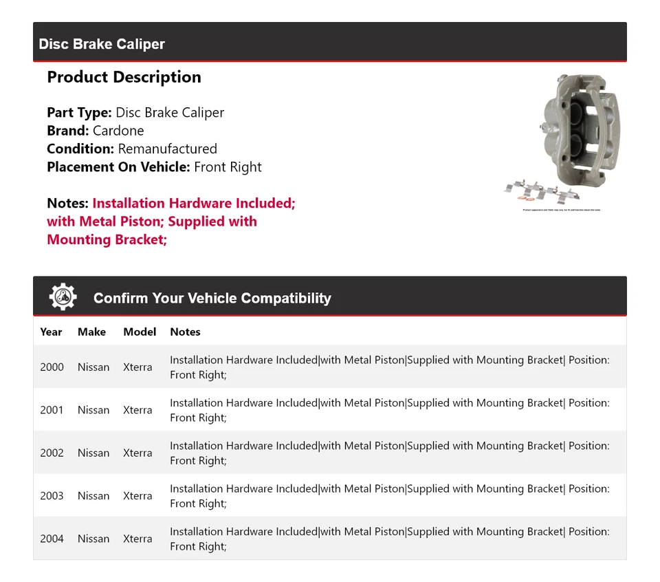 Pinza de freno de disco delantera derecha cardone 2001 2002 para Nissan Xterra 2000-2004 Foto 2 de 4