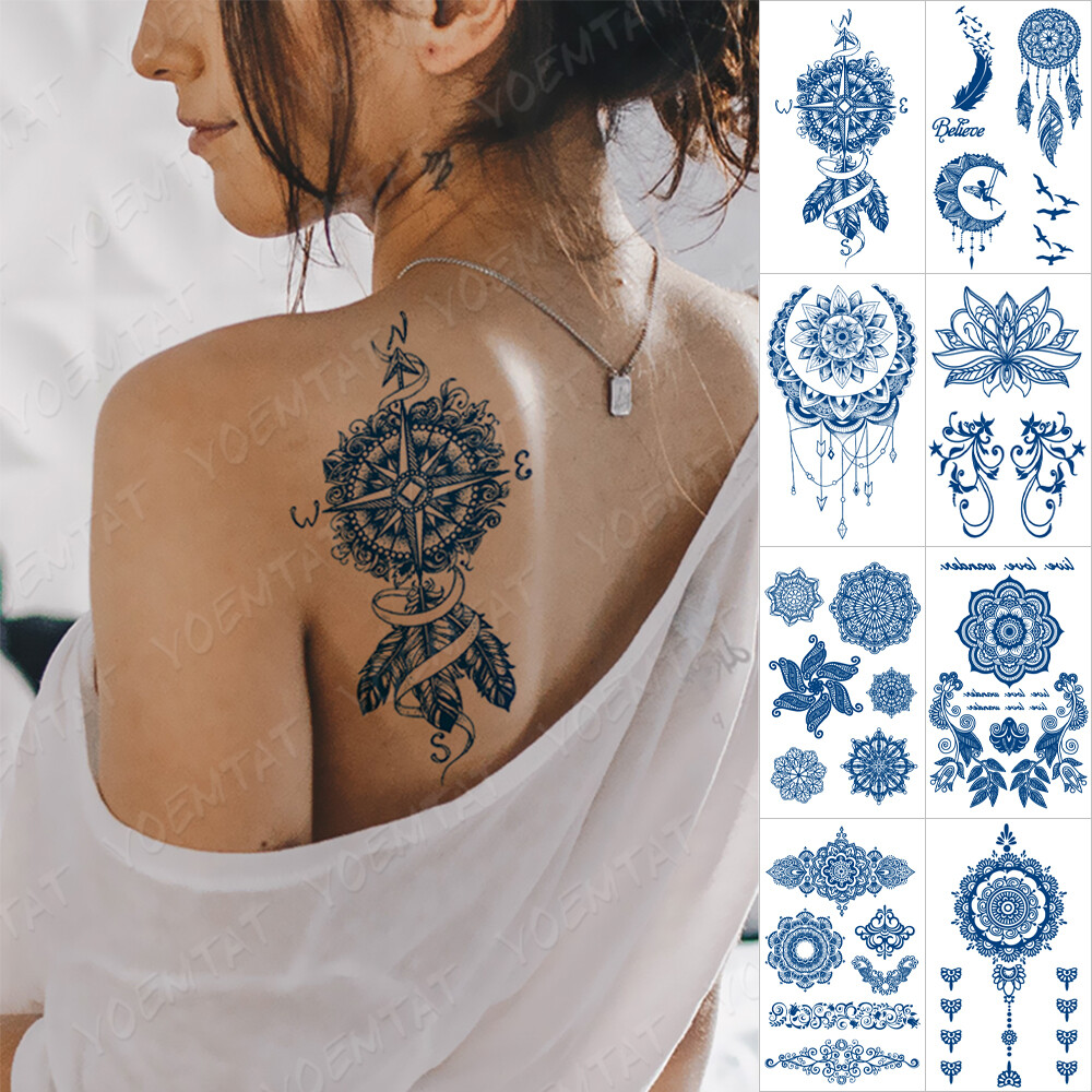 8pcs Ink Lasting Waterproof Tattoo Sticker 7-15 Day Compass Henna Feather  Wreath | eBay
