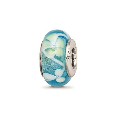 Reflection Beads Sterling Silver Antiqued Blue & Yellow Floral Design Glass Bead