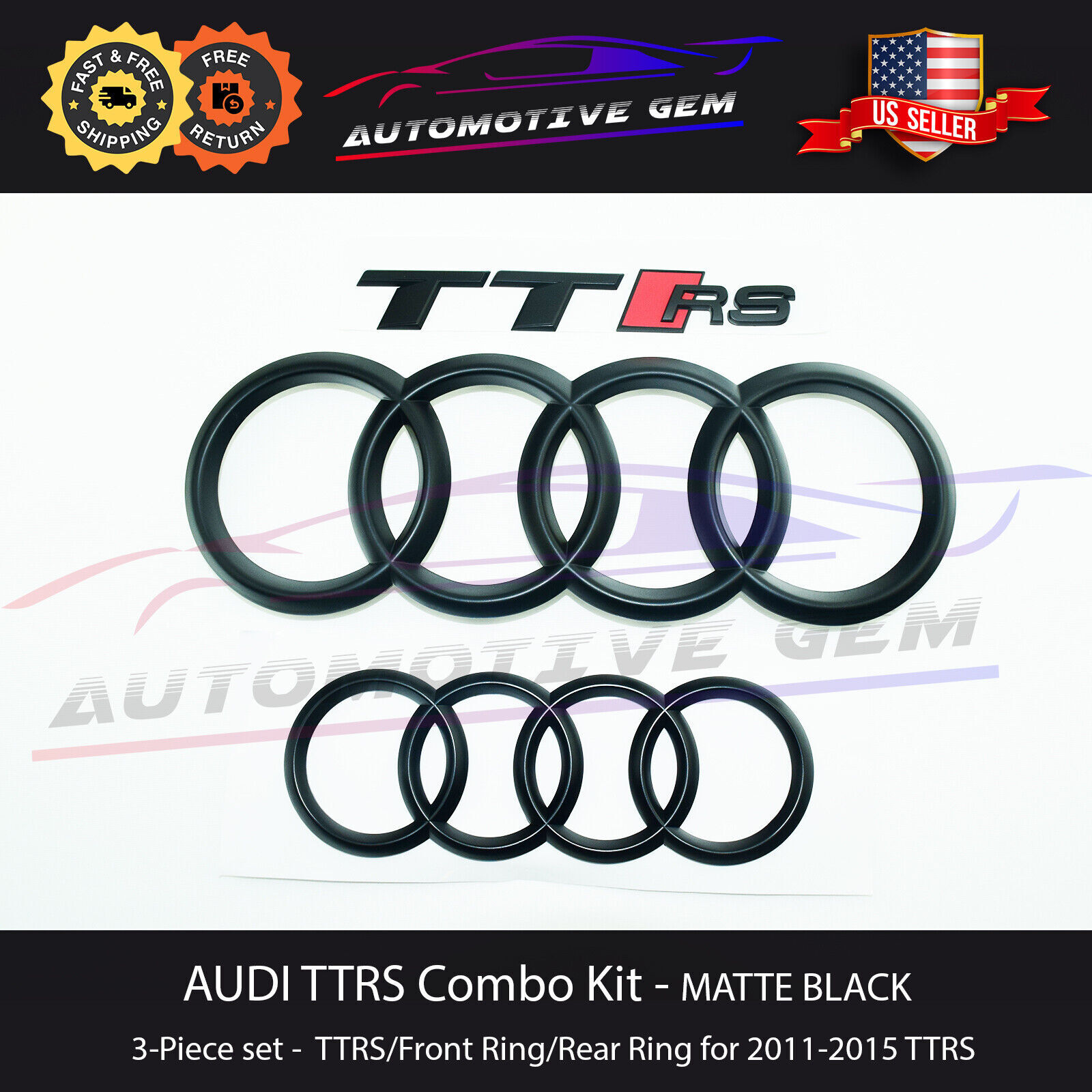 AUDI TTRS Emblem MATTE BLACK Grill Trunk Ring S Line quattro Badge Kit 2011-2015