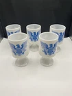 Vintage Blue American Eagle Footed Pedestal Milk Glass Irish Mug Set Of 5