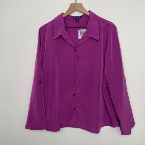 Roamans Womens Button Down Top Size 1X 22W Purple Long Sleeve Polyester NWT