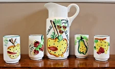 Vtg Ceramic Juice Pitcher & 4 Cups Hand Painted Embossed Fruit Japan 1950s