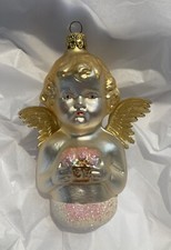 Christborn Alemán Vidrio Soplado Ángel Querubín Adorno de Navidad Alas de Papel Dorado