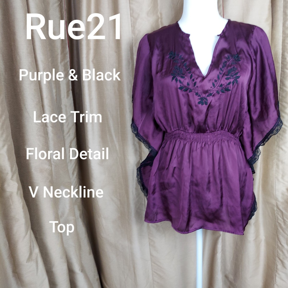 Rue21 Purple Black Lace Trim Floral V Neckline Top Size S