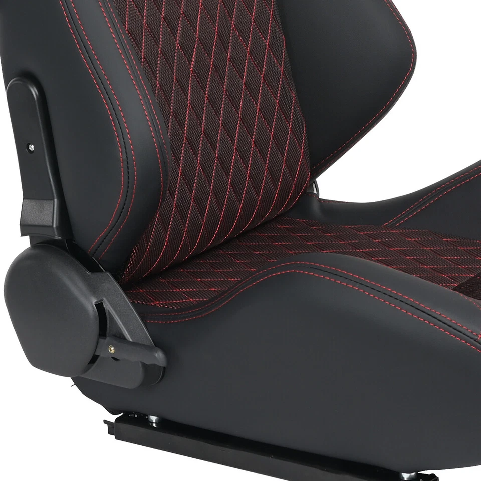 2PCS Set Car Racing Seats Black + Red Fabric Reclinable Bucket Seats W/2 Sliders Foto 4 de 4