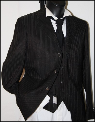 ABITO CERIMONIA SPOSO UOMO 3 PEZZI NERO GESSATO LUCIDO VESTITO LANA 44 46  48 50 | eBay
